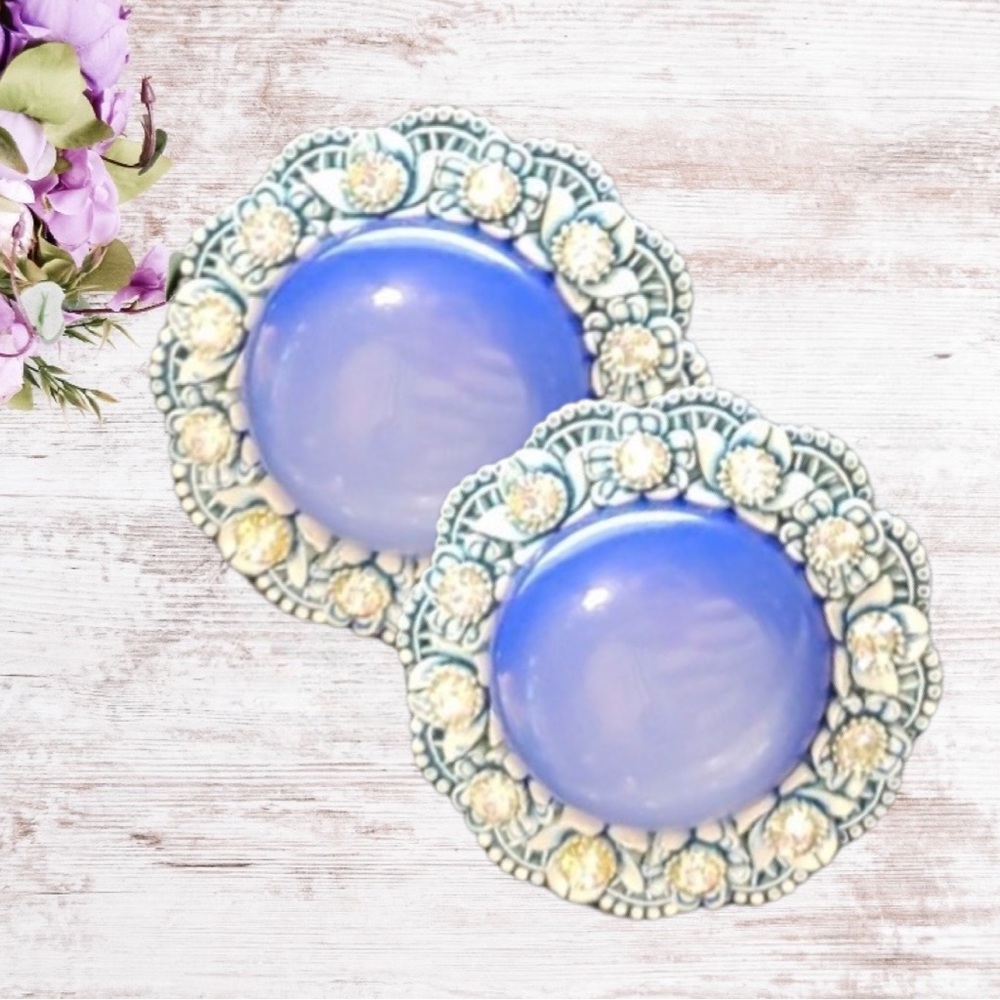 Vintage Blue Tigers Eye Earrings Clips On Circled Rhinestones Crystals
